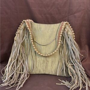 Big Buddha Olive Green Studded Fringe Tote | Boho Slouchy Bag